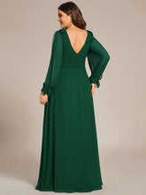 Load image into Gallery viewer, Color=Dark Green  | Long Lantern Sleeves A Line V Neck Wholesale Bridesmaid Dresses-Dark Green 3