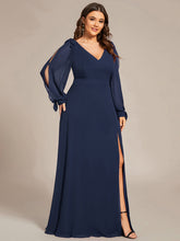Load image into Gallery viewer, Color=Navy Blue  | Long Lantern Sleeves A Line V Neck Wholesale Bridesmaid Dresses-Navy Blue 2