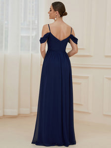 Color=Navy Blue | A Line Floor Length Deep V Neck Wholesale Bridesmaid Dresses-Navy Blue 2