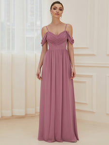 Color=Orchid | A Line Floor Length Deep V Neck Wholesale Bridesmaid Dresses-Orchid 4