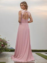 Load image into Gallery viewer, Color=Dusty Rose | Chiffon Round Neck Tie Backless Split Thigh Bridesmaids Dress-Dusty Rose 2