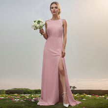Load image into Gallery viewer, Color=Dusty Rose | Chiffon Round Neck Tie Backless Split Thigh Bridesmaids Dress-Dusty Rose 5