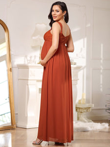 Color=Burnt Orange | Deep V Neck Lace Wholesale Maternity Dresses with A Line Silhouette-Burnt Orange 2