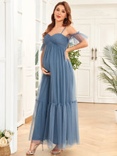 Load image into Gallery viewer, Color=Dusty Navy | Off Shoulders Wholesale Maternity Dresses with Short Ruffles Sleeves-Dusty Navy 3