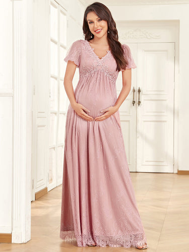 Color=Dusty Rose | Cute Deep V Neck A Line Short Sleeves Wholesale Maternity Dresses-Dusty Rose 1