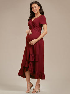 Color=Burgundy | High Low Ruffles Wholesale Maternity Dresses-Burgundy 4