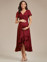 Load image into Gallery viewer, Color=Burgundy | High Low Ruffles Wholesale Maternity Dresses-Burgundy 1