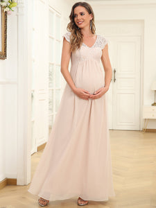 Color=Blush | Deep V Neck A Line Wholesale Maternity Dresses with Cover Sleeves-Blush 4