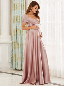 Color=Mauve | Puff Sleeves V Neck A Line Wholesale Maternity Dresses-Mauve 3