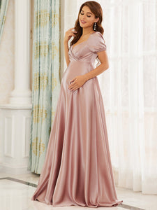 Color=Mauve | Puff Sleeves V Neck A Line Wholesale Maternity Dresses-Mauve 4
