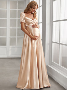 Color=Rose Gold | Puff Sleeves V Neck A Line Wholesale Maternity Dresses-Rose Gold 4