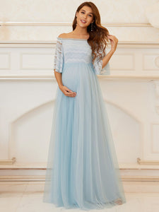 Color=Sky Blue | Adorable A Line Strapless Off Shoulder Wholesale Maternity Dresses-Sky Blue 3