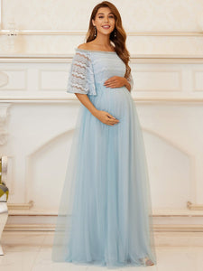 Color=Sky Blue | Adorable A Line Strapless Off Shoulder Wholesale Maternity Dresses-Sky Blue 4