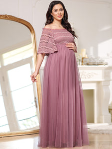 Color=Orchid | Adorable A Line Strapless Off Shoulder Wholesale Maternity Dresses-Orchid 3