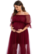 Load image into Gallery viewer, Color=Burgundy | A Line Short Puff Sleeves Wholesale Maternity Dresses-Burgundy 5