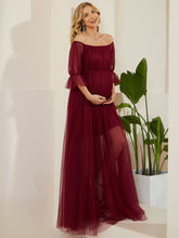 Load image into Gallery viewer, Color=Burgundy | A Line Short Puff Sleeves Wholesale Maternity Dresses-Burgundy 3