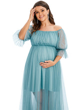 Load image into Gallery viewer, Color=Dusty blue | A Line Short Puff Sleeves Wholesale Maternity Dresses-Dusty blue 5