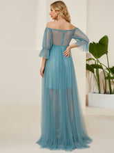 Load image into Gallery viewer, Color=Dusty blue | A Line Short Puff Sleeves Wholesale Maternity Dresses-Dusty blue 2