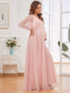 Color=Pink | Deep V Neck Half Sleeves A Line Wholesale Maternity Dresses-Pink 2