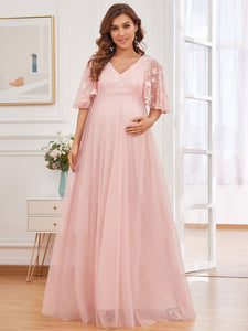 Color=Pink | Deep V Neck Half Sleeves A Line Wholesale Maternity Dresses-Pink 3
