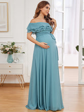 Load image into Gallery viewer, Color=Dusty blue | Off Shoulders Floor Length A Line Wholesale Maternity Dresses-Dusty blue 2