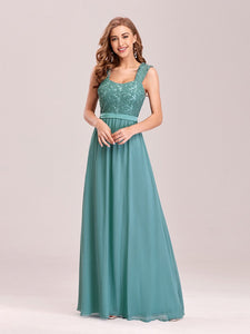 COLOR=Dusty Blue | Elegant A Line Long Chiffon Bridesmaid Dress With Lace Bodice-Dusty Blue 1