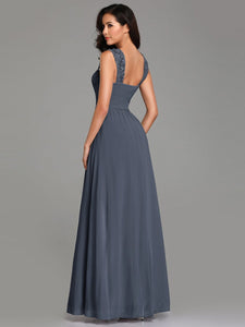 COLOR=Dusty Navy | Elegant A Line Long Chiffon Bridesmaid Dress With Lace Bodice-Dusty Navy 2