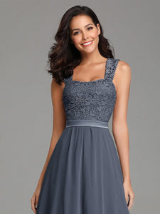COLOR=Dusty Navy | Elegant A Line Long Chiffon Bridesmaid Dress With Lace Bodice-Dusty Navy 5