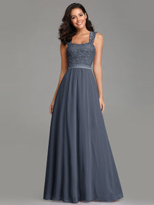 COLOR=Dusty Navy | Elegant A Line Long Chiffon Bridesmaid Dress With Lace Bodice-Dusty Navy 1
