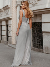 Load image into Gallery viewer, COLOR=Grey | Elegant A Line Long Chiffon Bridesmaid Dress With Lace Bodice-Grey 2