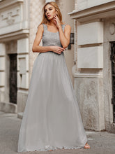 Load image into Gallery viewer, COLOR=Grey | Elegant A Line Long Chiffon Bridesmaid Dress With Lace Bodice-Grey 3