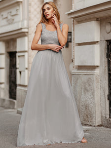 COLOR=Grey | Elegant A Line Long Chiffon Bridesmaid Dress With Lace Bodice-Grey 3