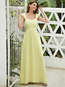 COLOR=Yellow | Elegant A Line Long Chiffon Bridesmaid Dress With Lace Bodice-Yellow 3