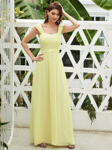 COLOR=Yellow | Elegant A Line Long Chiffon Bridesmaid Dress With Lace Bodice-Yellow 4