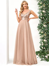 Load image into Gallery viewer, Color=Rose Gold | Wholesale High Waist Tulle & Sequin Sleevless Evening Dress-Rose Gold 1