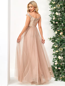 Color=Rose Gold | Wholesale High Waist Tulle & Sequin Sleevless Evening Dress-Rose Gold 2