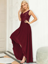 Load image into Gallery viewer, Color=Burgundy | Elegant Paillette & Chiffon V-Neck A-Line Sleeveless Plus Size Evening Dresses-Burgundy 3