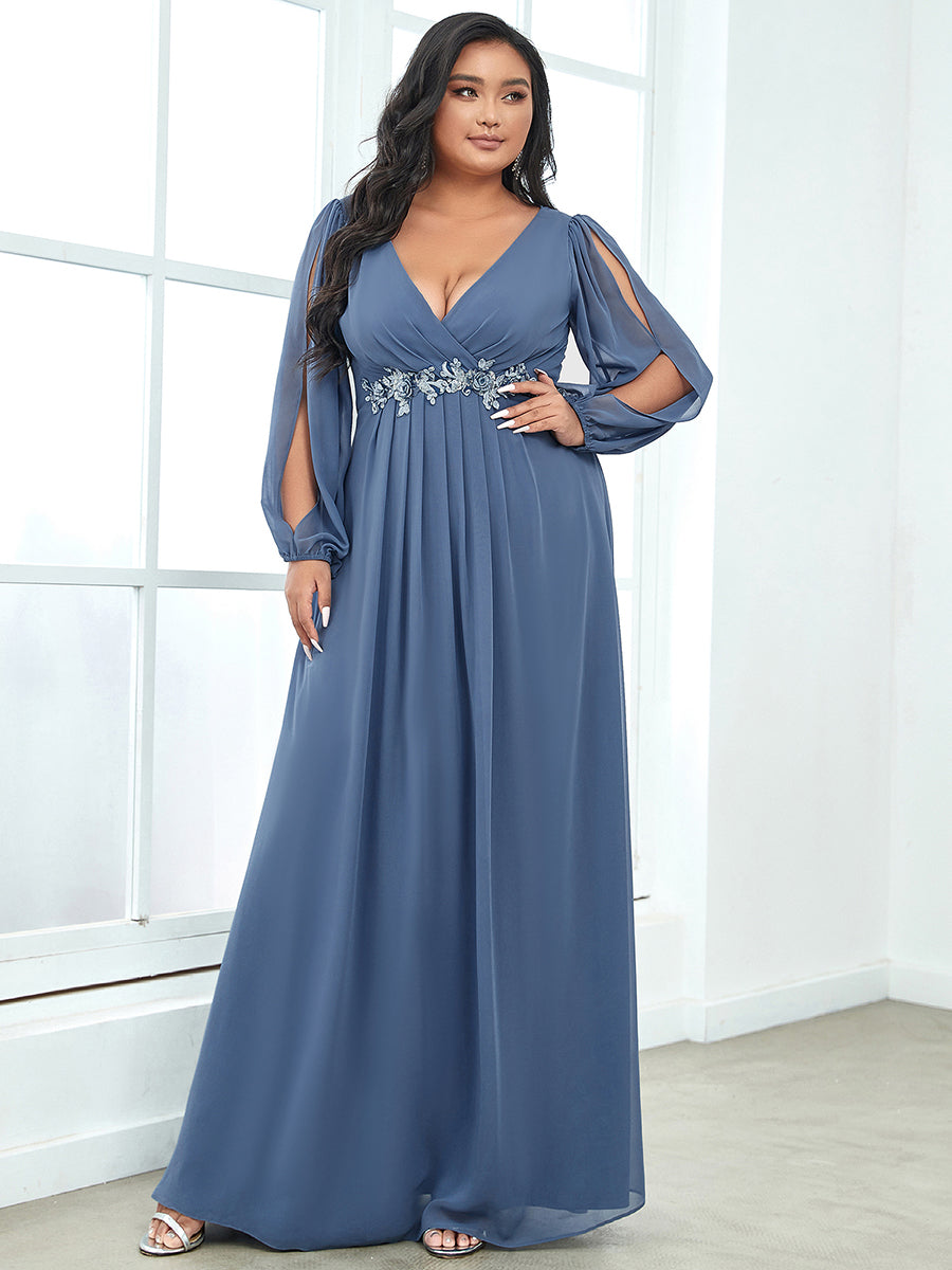 Color=Dusty Navy | Wholesale Chiffon Plus Size Evening Dresses With Long Lantern Sleeves-Dusty Navy 1