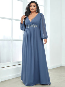 Color=Dusty Navy | Wholesale Chiffon Plus Size Evening Dresses With Long Lantern Sleeves-Dusty Navy 4