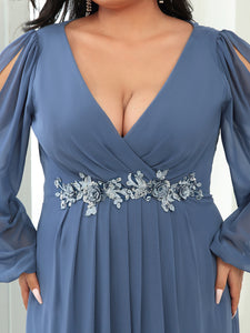 Color=Dusty Navy | Wholesale Chiffon Plus Size Evening Dresses With Long Lantern Sleeves-Dusty Navy 5