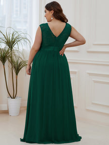 Color=Dark Green | Classic Round Neck V Back A-Line Chiffon Bridesmaid Dresses With Lace-Dark Green 2