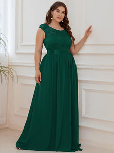 Color=Dark Green | Classic Round Neck V Back A-Line Chiffon Bridesmaid Dresses With Lace-Dark Green 3