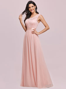 Color=Pink | Classic Round Neck V Back A-Line Chiffon Bridesmaid Dresses With Lace-Pink 8