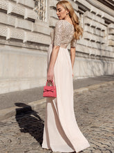 Load image into Gallery viewer, Color=Blush | Elegant Round Neckline 3/4 Sleeve Sequins Patchwork Evening Dress-Blush 3