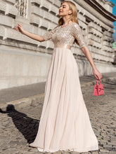 Load image into Gallery viewer, Color=Blush | Elegant Round Neckline 3/4 Sleeve Sequins Patchwork Evening Dress-Blush 4