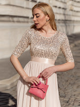 Load image into Gallery viewer, Color=Blush | Elegant Round Neckline 3/4 Sleeve Sequins Patchwork Evening Dress-Blush 5