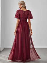 Load image into Gallery viewer, Color=Burgundy | Sequin Print Maxi Long Wholesale Evening Dresses with Cap Sleeve-Burgundy 2