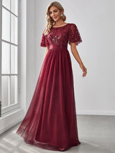 Load image into Gallery viewer, Color=Burgundy | Sequin Print Maxi Long Wholesale Evening Dresses with Cap Sleeve-Burgundy 3