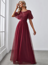 Load image into Gallery viewer, Color=Burgundy | Sequin Print Maxi Long Wholesale Evening Dresses with Cap Sleeve-Burgundy 4