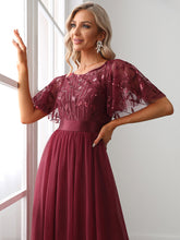 Load image into Gallery viewer, Color=Burgundy | Sequin Print Maxi Long Wholesale Evening Dresses with Cap Sleeve-Burgundy 5